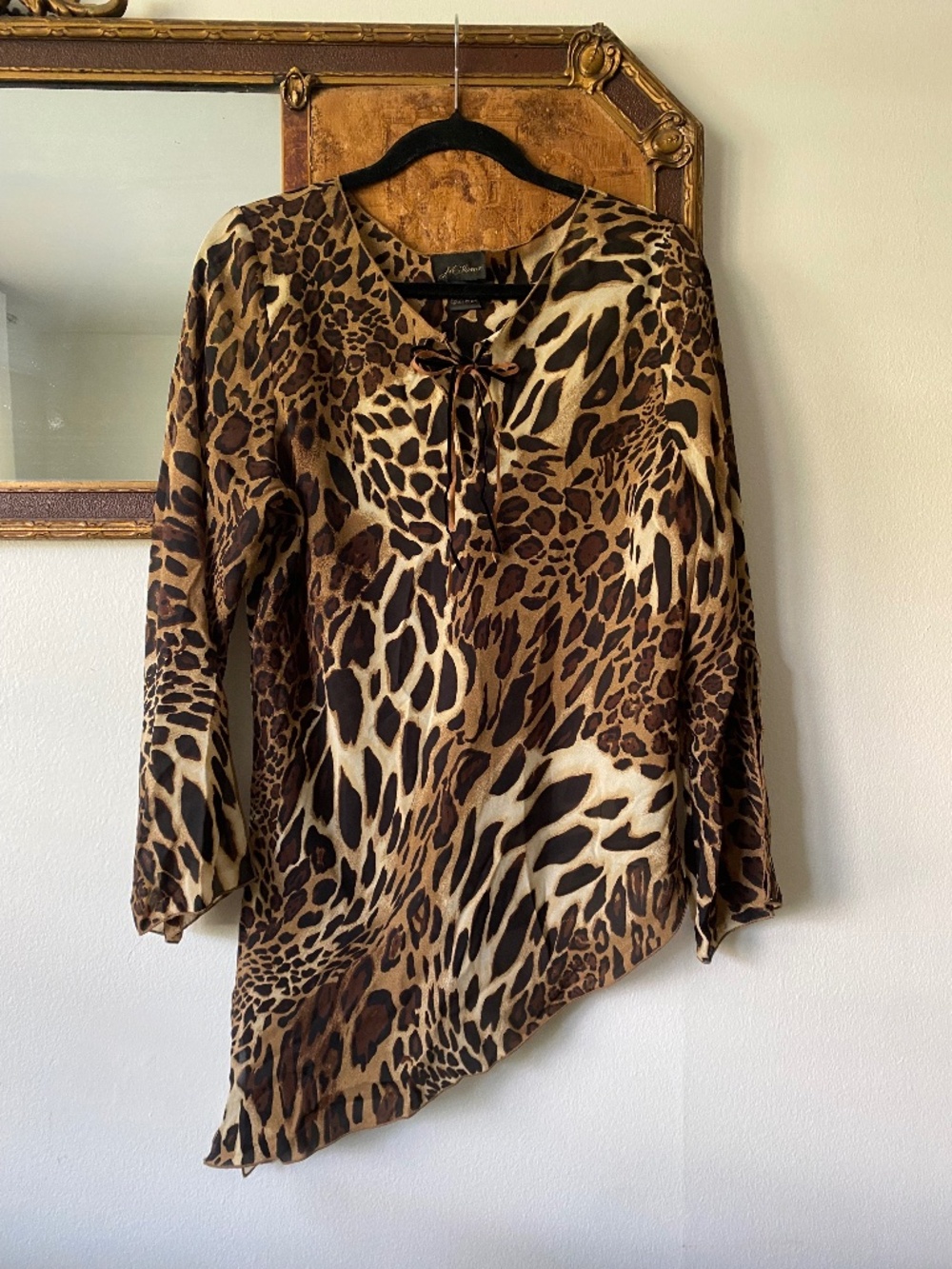Vintage y2k Leopard Asymmetrical Chiffon Long Sleeve Blouse Boho XL